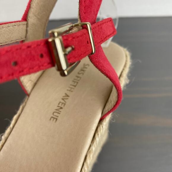 Saks Fifth Avenue Espadrille Wedge Ankle Strap Sandals 7.5 Red Pom Pom Leather - Picture 4 of 10